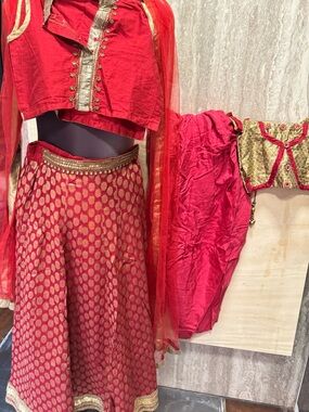 Indian multi piece Red & Gold Embroidered A-Line Women's Skirt Set